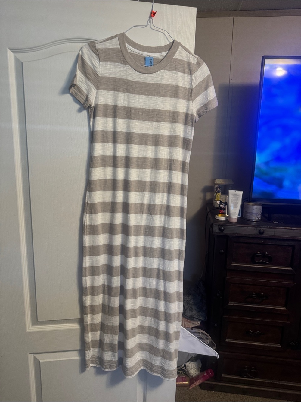LOFT Taupe and White Striped Midi Tee Dress